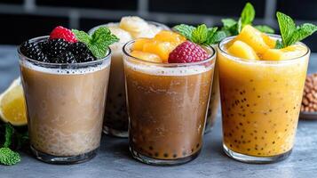 Refreshing bubble tea drinks with fresh fruit toppings and mint leaves create vibrant display photo