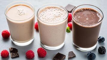 Creamy smoothies three glasses, surrounded by fresh berries and chocolate pieces, create photo