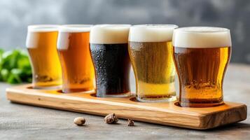 Craft beer tasting with variety of styles in wooden flight, showcasing rich colors and textures photo