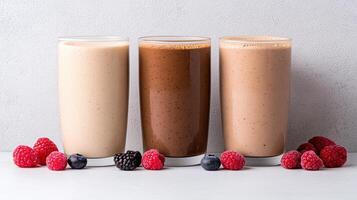 Creamy smoothies in three glasses, showcasing vibrant colors and fresh berries photo