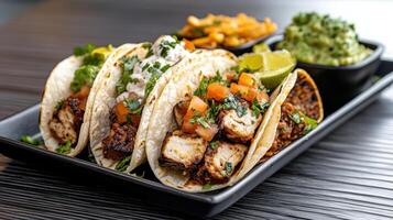 Gourmet tacos with grilled chicken, fresh toppings, and sides of guacamole and lime photo