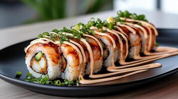 delicious sushi roll featuring tempura shrimp, drizzled with spicy sauce and garnished with photo