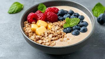 delicious breakfast bowl featuring creamy yogurt topped with fresh fruits like raspberries photo