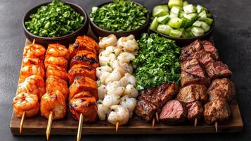 Delicious skewers of seafood and beef, garnished with fresh herbs and vegetables, create vibrant photo