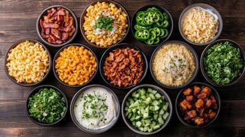 vibrant buffet featuring various toppings for mac and cheese, including bacon, jalapenos photo