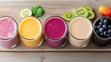 Colorful smoothie lineup featuring various fruits and refreshing flavors photo