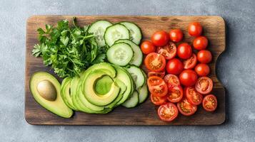 Fresh vegetables wooden cutting board, including sliced cucumbers, tomatoes, and avocado photo