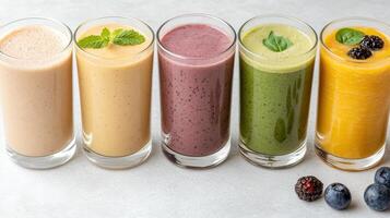 Delicious smoothie lineup featuring vibrant colors and fresh ingredients, perfect for healthy photo