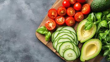 Fresh vegetables wooden cutting board, including sliced cucumbers, tomatoes, and avocados photo
