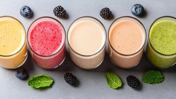 Colorful smoothie lineup featuring various flavors and fresh berries photo