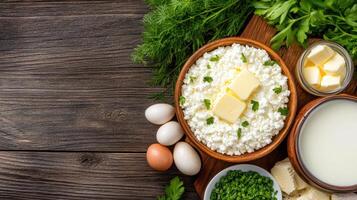 Fresh dairy ingredients arranged beautifully wooden table, featuring cottage cheese, butter photo