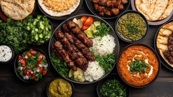 vibrant spread of delicious grilled meats, rice, and fresh salads creates festive dining photo
