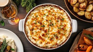 Creamy mashed potatoes topped with golden crust, served with roasted vegetables and wine photo