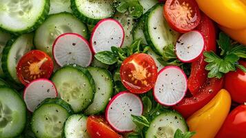 Fresh vegetable platter with cucumbers, radishes, tomatoes, and herbs, perfect for healthy meals photo