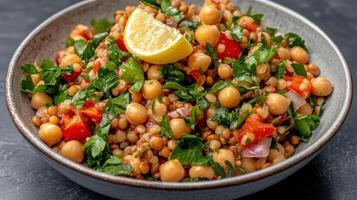 Fresh sprouted lentil and chickpea salad with vibrant vegetables and lemon zest photo