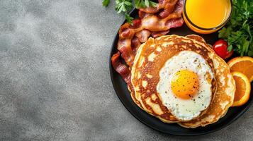Delicious pancake breakfast with eggs, bacon, and fresh juice, perfect for hearty meal photo