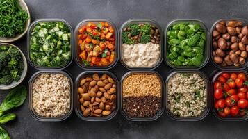 Fresh meal prep station with colorful ingredients containers, promoting healthy eating habits photo