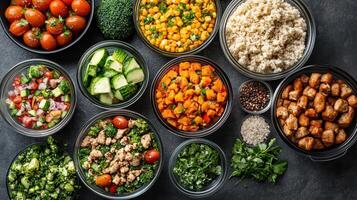Fresh meal prep station with colorful ingredients, showcasing healthy options and vibrant photo