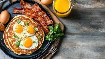 Delicious pancake breakfast with eggs, bacon, and orange juice, perfect for hearty meal photo