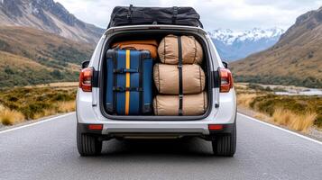 Packed luggage in car trunk ready for scenic road trip through mountains and valleys photo