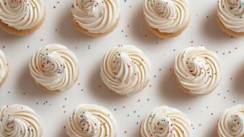 Delicious vanilla cupcakes topped with creamy frosting and colorful sprinkles create festive photo