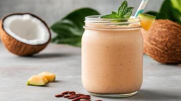 Creamy tropical smoothie with coconut, goji berries, and mint garnish, perfect for refreshing photo