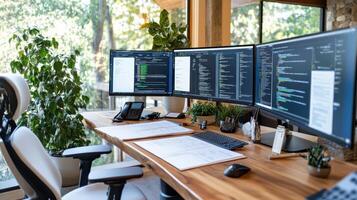 modern workspace featuring multiple screens, coding, and greenery creates productive atmosphere photo
