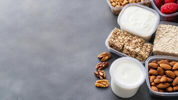Healthy snacks like yogurt, nuts, and granola bars are neatly arranged in containers photo