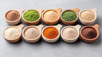 colorful array of spice mixes in handmade ceramic bowls showcases vibrant textures and flavors photo