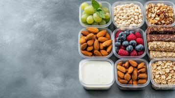 Healthy snacks organized containers, featuring fruits, nuts, and granola, perfect for meal prep photo