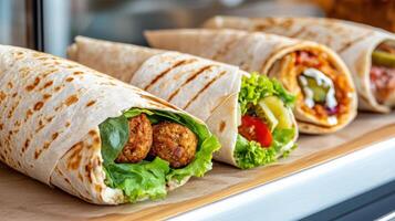Freshly made wraps filled with vibrant vegetables and savory ingredients photo