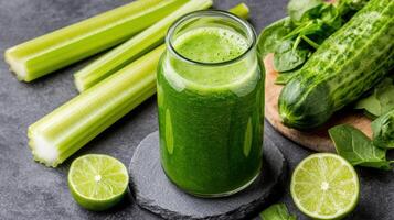 Fresh green juice made from celery, cucumber, and spinach, bursting with nutrients and flavor photo