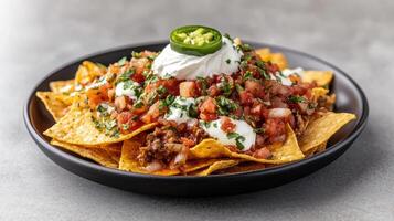 delicious plate of nachos topped with salsa, sour cream, and jalapenos, perfect for sharing photo