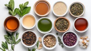 vibrant spread of different herbal tea blends, dried herbs, and spices arranged beautifully photo