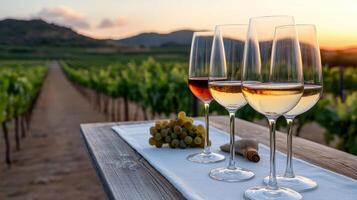 beautiful vineyard scene at sunset with glasses of wine and grapes, creating serene atmosphere photo