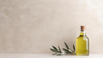 bottle of olive oil sits elegantly beside sprig of olive leaves, creating serene atmosphere photo
