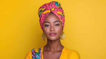 Confident woman wearing colorful headwrap and earrings against bright yellow background photo