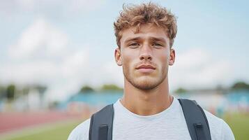 young athlete stands confidently, ready for competition, with determined expression photo