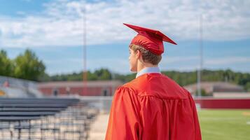 young graduate in red gown and cap stands proudly, looking towards future photo