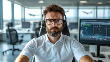 Efficient air traffic controller focused on monitoring flights in modern control tower photo