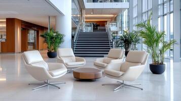 Modern lounge area with stylish chairs and greenery, perfect for relaxation and meetings photo