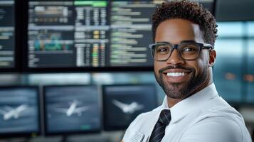 confident airline staff member coordinating flight schedules with advanced technology photo
