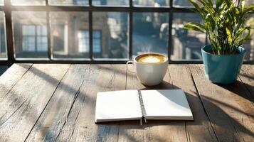cozy cafe scene featuring cup of coffee, open notebook, and potted plant, creating serene photo
