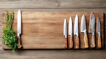 wooden butcher block table displays variety of kitchen knives alongside fresh herbs photo