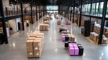Efficient logistics warehouse with organized storage and packaging materials photo