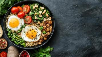 Delicious bowl of healthy food featuring eggs, vegetables, and grains, perfect for nutritious photo