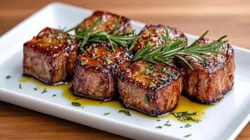 Succulent marinated lamb chops garnished with fresh herbs on white platter photo