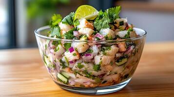 Fresh ceviche with diced fish, vegetables, and lime photo