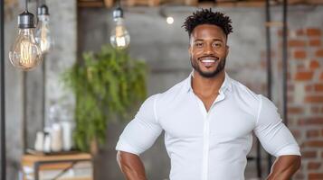 Confident man smiling in stylish workspace, showcasing leadership and positivity photo
