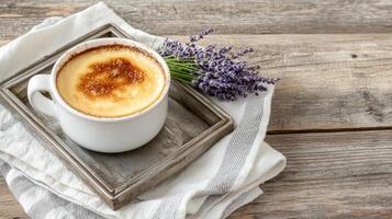 Creamy dessert in white cup with caramelized top, surrounded by lavender flowers photo